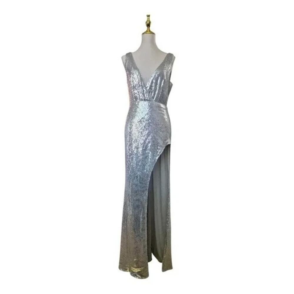 Fashion Nova Luxe Silver Sequin Long Dress with High Front Slit - NWT